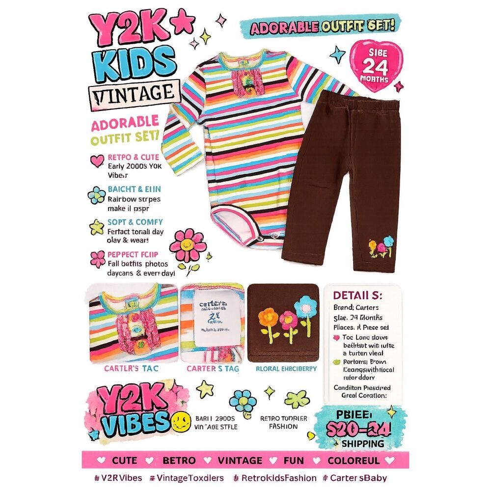 Y2K Kids Vintage Carter’s Rainbow Stripe Outfit Set 24M Retro Toddler Girl